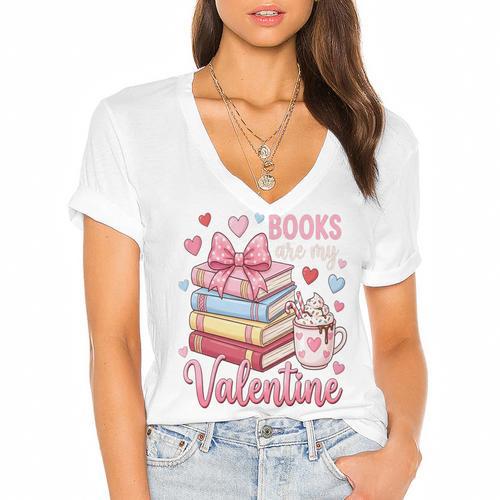 Librarian Books Are My Valentine Teacher Valentines Teach Women's Jersey Short Sleeve Deep V-Neck Tshirt - Bookorys CA