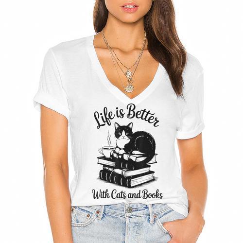 Life Is Better With Cats & Books Tuxedo Cat Mom Women Women's Jersey Short Sleeve Deep V-Neck Tshirt				 - Bookorys AU