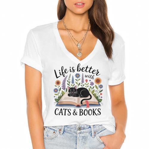 Life Is Better With Cats And Books Women's Jersey Short Sleeve Deep V-Neck Tshirt				 - Bookorys CA