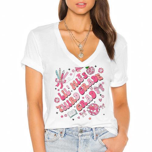 Lil Miss Third 3rd Grade Grad Graduation Last Day Girls Kid Women's Jersey Short Sleeve Deep V-Neck Tshirt				 - Best Gift Smart