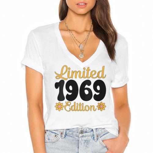 Limited 1969 Edition Retro Nostalgia Art Women's Jersey Short Sleeve Deep V-Neck Tshirt - Figerry