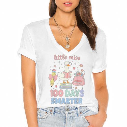 Little Miss 100 Days Smarter Cute Goose Reading Books Girls Women's Jersey Short Sleeve Deep V-Neck Tshirt - Bookorys AU