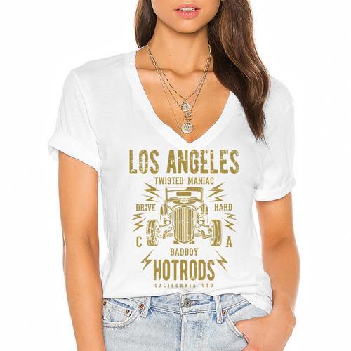 Los Angeles Hotrods Automotive Nostalgia Distressed Women's Jersey Short Sleeve Deep V-Neck Tshirt				 - Figerry