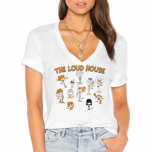 The Loud House Color Pop Character Textbook Vintage Style Women's Jersey Short Sleeve Deep V-Neck Tshirt				 - Bookorys DE