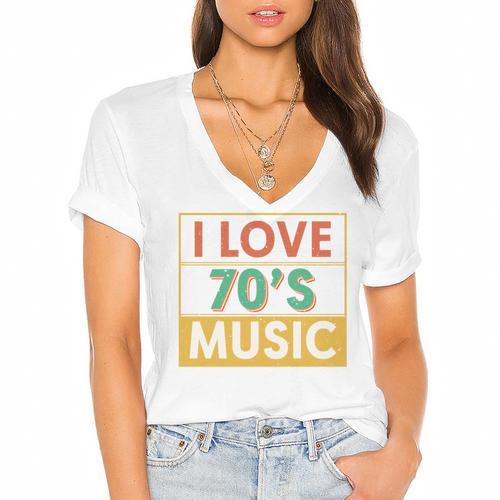I Love 70's Music Retro Style Nostalgia Vibe 1970 70's Party Women's Jersey Short Sleeve Deep V-Neck Tshirt - Figerry
