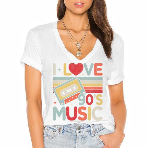 I Love 90's Music Retro Style Nostalgia Cassette 1990s Party Premium Tri-Blend Women's Jersey Short Sleeve Deep V-Neck Tshirt - Figerry
