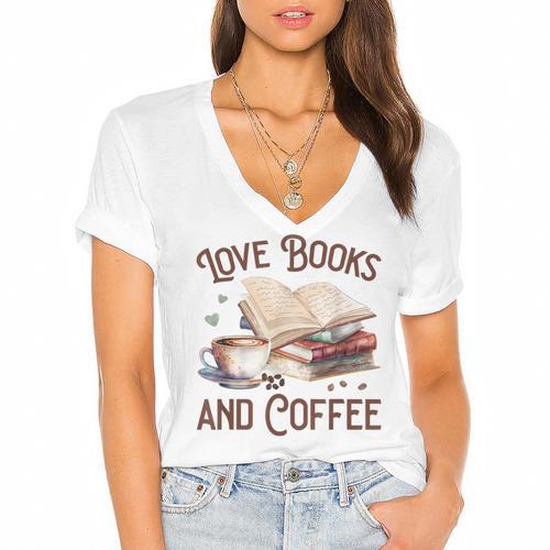 Love Books And Coffee Books Reading Coffee Drinking Women's Jersey Short Sleeve Deep V-Neck Tshirt - Bookorys