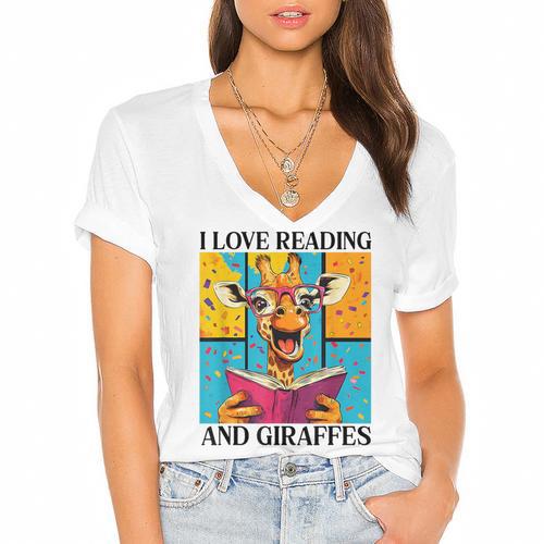 Love Reading And Giraffes Cute Giraffe Reading Book Lovers Women's Jersey Short Sleeve Deep V-Neck Tshirt				 - Bookorys