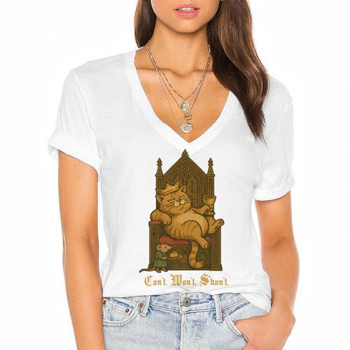 Medieval Cat Sarcastic Queen Lazy King Introvert Kitty Women's Jersey Short Sleeve Deep V-Neck Tshirt - Raresse