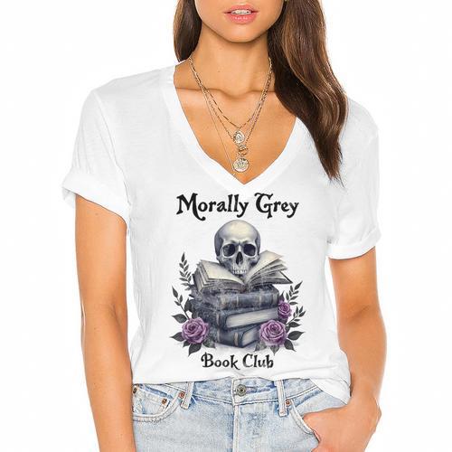 Morally Grey Book Club Gothic Vintage Style Women's Jersey Short Sleeve Deep V-Neck Tshirt - Bookorys AU