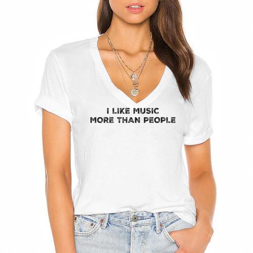I Like Music More Than People Introverts Musicians Women's Jersey Short Sleeve Deep V-Neck Tshirt				 - Raresse