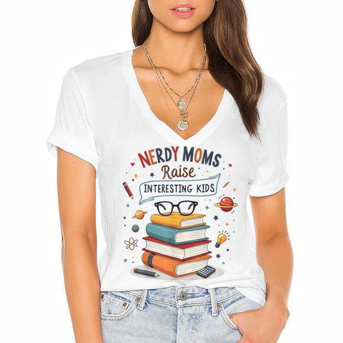 Nerdy Moms Raise Interesting Kids Books Science Women's Jersey Short Sleeve Deep V-Neck Tshirt - Bookorys DE