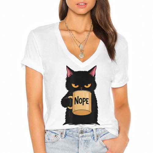Nope Coffee Cat – Introvert Humor Monday Kitty Women's Jersey Short Sleeve Deep V-Neck Tshirt - Raresse