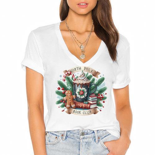 North Pole Book Club Books Reading Mug Gingerbread Women's Jersey Short Sleeve Deep V-Neck Tshirt - Bookorys DE