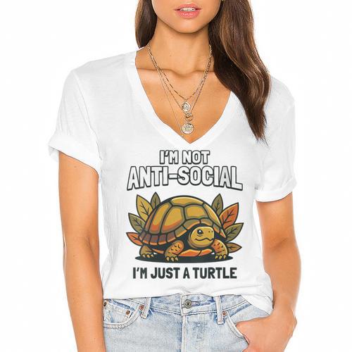 Not Anti Social Im Just A Turtle Sarcastic Introvert Humor Women's Jersey Short Sleeve Deep V-Neck Tshirt - Raresse