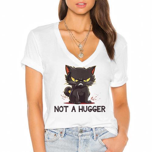 Not A Hugger Tee Angry Cat Sarcastic Cute Introvert Women's Jersey Short Sleeve Deep V-Neck Tshirt - Raresse