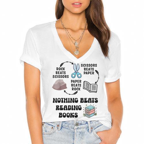 Nothing Beats Reading Rock Paper Scissors Reader Book Lover Women's Jersey Short Sleeve Deep V-Neck Tshirt				 - Bookorys CA