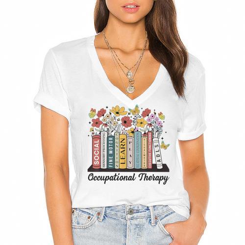 Occupational Therapy Wildflower Book OT Therapist Assistant Women's Jersey Short Sleeve Deep V-Neck Tshirt - Bookorys CA
