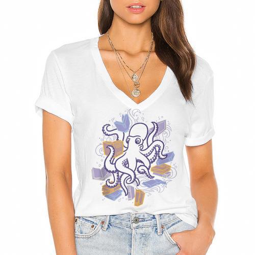 Octopus Book Reader Women's Jersey Short Sleeve Deep V-Neck Tshirt				 - Bookorys DE