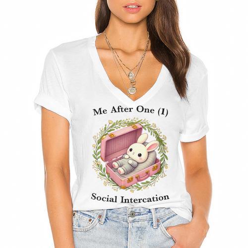 Me After One Social Interaction Introvert Saying Women's Jersey Short Sleeve Deep V-Neck Tshirt - Raresse
