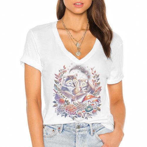 Opossum Racoon Floral Book Lover Cottagecore Fairycore Women's Jersey Short Sleeve Deep V-Neck Tshirt - Bookorys DE