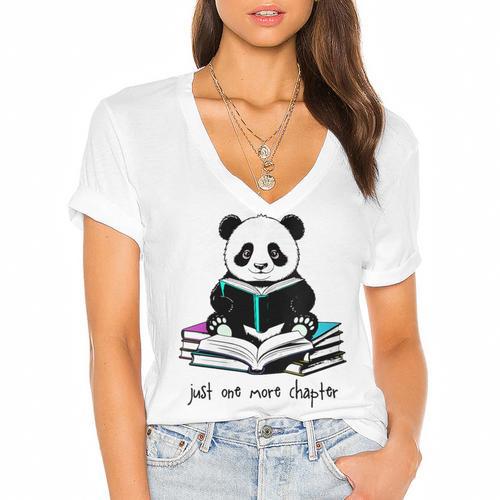 Panda Reading Chapter Books Women's Jersey Short Sleeve Deep V-Neck Tshirt - Bookorys AU