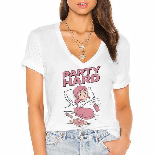 Party Hard Comfortable Stay At Home Introvert Women's Jersey Short Sleeve Deep V-Neck Tshirt - Raresse