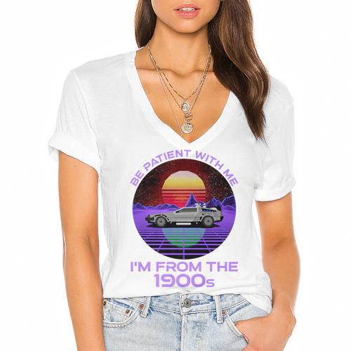 Be Patient With Me I'm From The 1900s Synthwave Premium Women's Jersey Short Sleeve Deep V-Neck Tshirt - Figerry