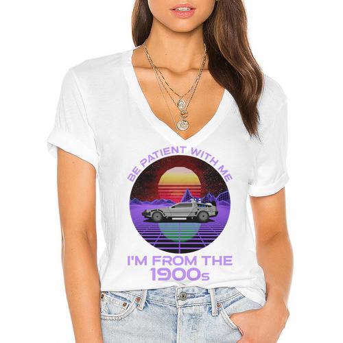 Be Patient With Me I'm From The 1900s Synthwave Women's Jersey Short Sleeve Deep V-Neck Tshirt - Figerry