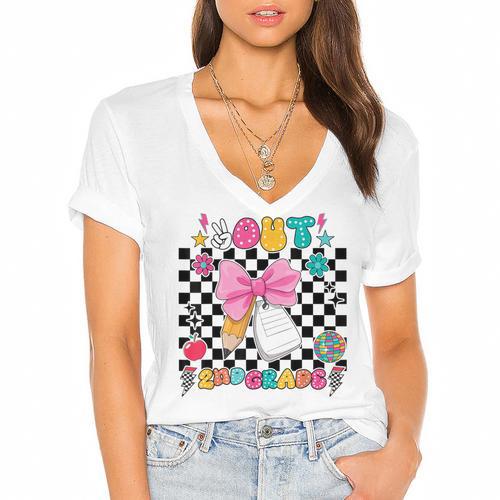 Peace Out 2nd Grade Graduation Last Day School Second Grade Women's Jersey Short Sleeve Deep V-Neck Tshirt				 - Best Gift Smart