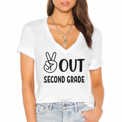 Peace Out Second Grade Last Day Of School Graduation Kids Women's Jersey Short Sleeve Deep V-Neck Tshirt				 - Best Gift Smart