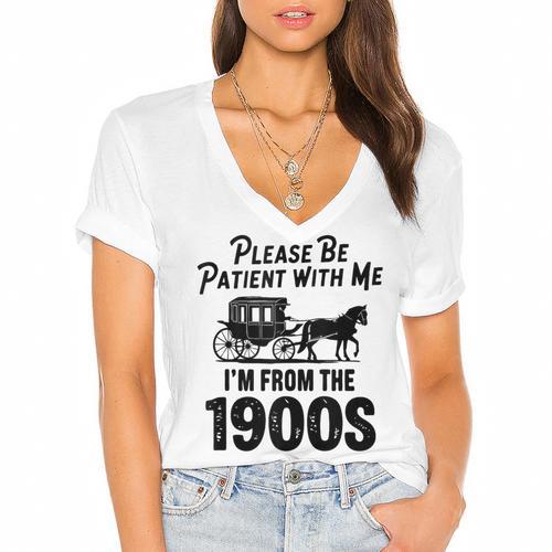 Please Be Patient With Me I'm From The 1900s Dad Joke Saying Women's Jersey Short Sleeve Deep V-Neck Tshirt				 - Figerry
