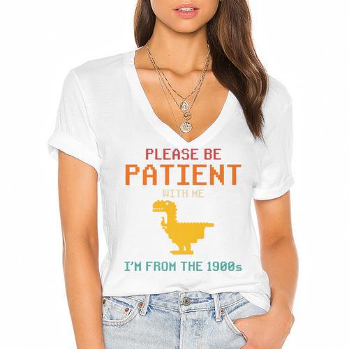 Please Be Patient With Me I'm From The 1900s Dinosaur Premium Women's Jersey Short Sleeve Deep V-Neck Tshirt				 - Figerry