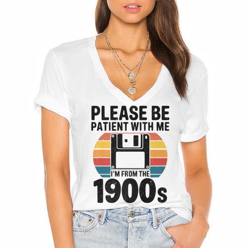 Please Be Patient With Me I'm From The 1900s Floppy Disk Premium Women's Jersey Short Sleeve Deep V-Neck Tshirt				 - Figerry