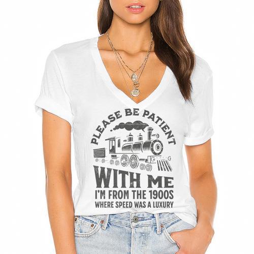 Please Be Patient With Me I'm From The 1900s Funny Train Premium Women's Jersey Short Sleeve Deep V-Neck Tshirt - Figerry