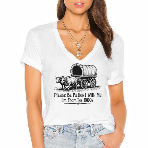 Please Be Patient With Me I'm From The 1900s Oxen And Wagon Premium Women's Jersey Short Sleeve Deep V-Neck Tshirt				 - Figerry
