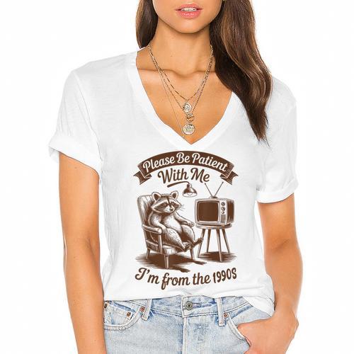 Please Be Patient With Me I'm From The 1900s Raccoon Vintage Women's Jersey Short Sleeve Deep V-Neck Tshirt - Figerry