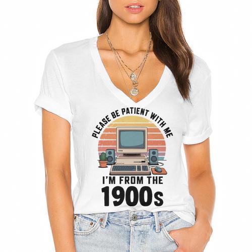Please Be Patient I'm From The 1900s Retro Vintage Computer Women's Jersey Short Sleeve Deep V-Neck Tshirt - Figerry