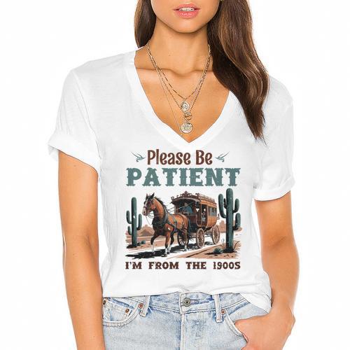 Please Be Patient I'm From The 1900s Stagecoach Western Vint Women's Jersey Short Sleeve Deep V-Neck Tshirt - Figerry