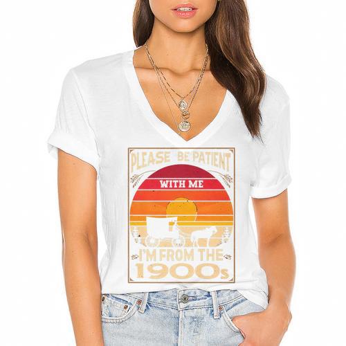 Please Be Patient I'm From The 1900s Sunset Vintage Wagon Premium Women's Jersey Short Sleeve Deep V-Neck Tshirt				 - Figerry