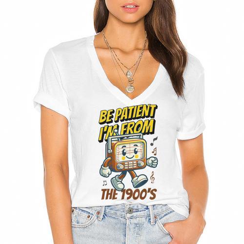 Please Be Patient With Me I'm From The 1900s Vintage Radio Women's Jersey Short Sleeve Deep V-Neck Tshirt				 - Figerry