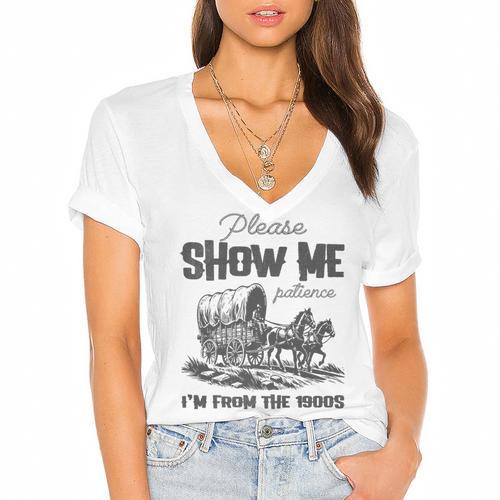 Please Show Me Patience I'm From The 1900s Vintage Horse Premium Women's Jersey Short Sleeve Deep V-Neck Tshirt				 - Figerry