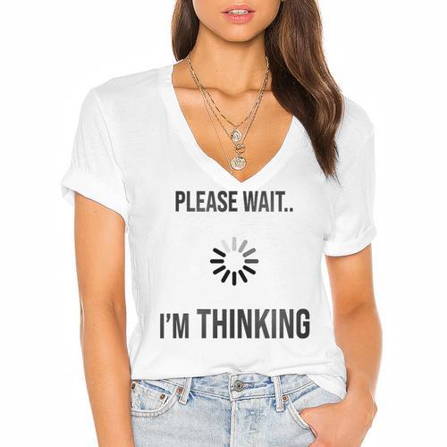 Please Wait I'm Thinking Introvert Women's Jersey Short Sleeve Deep V-Neck Tshirt				 - Raresse