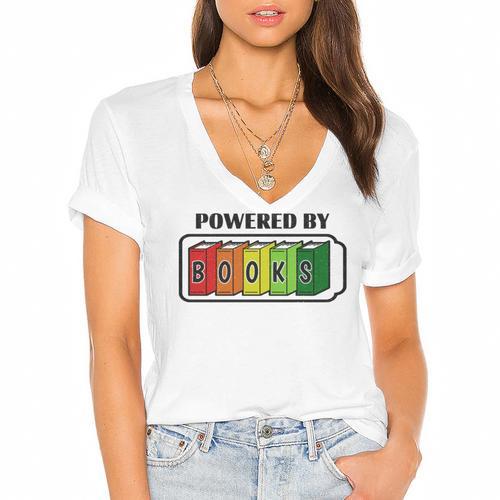 Powered By Books Bookworm Librarian Reading Women's Jersey Short Sleeve Deep V-Neck Tshirt				 - Bookorys