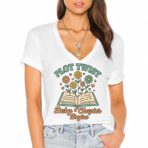 Pregnancy Announcement Book Lover Reveal Pregnant Women's Jersey Short Sleeve Deep V-Neck Tshirt				 - Bookorys AU