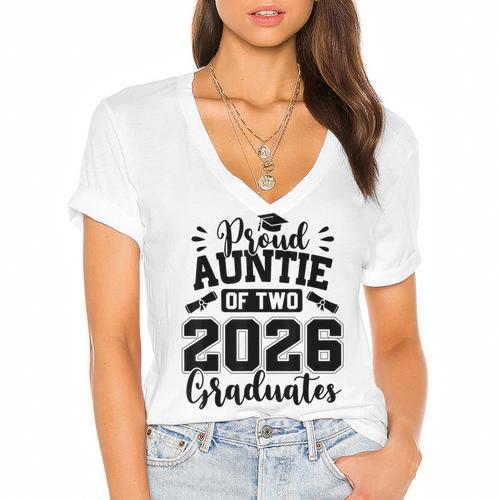 Proud Auntie Of Two 2026 Graduates Graduation Women's Jersey Short Sleeve Deep V-Neck Tshirt				 - Best Gift Smart