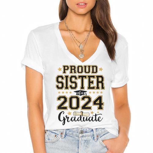 Proud Sister Of A 2024 Graduate Senior Graduation Women's Jersey Short Sleeve Deep V-Neck Tshirt - Best Gift Smart