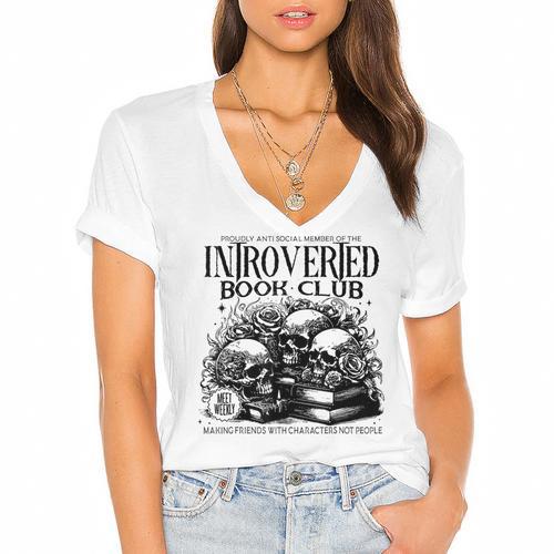 Proudly Anti Social Member Of The Introverted Book Club Women's Jersey Short Sleeve Deep V-Neck Tshirt				 - Bookorys CA