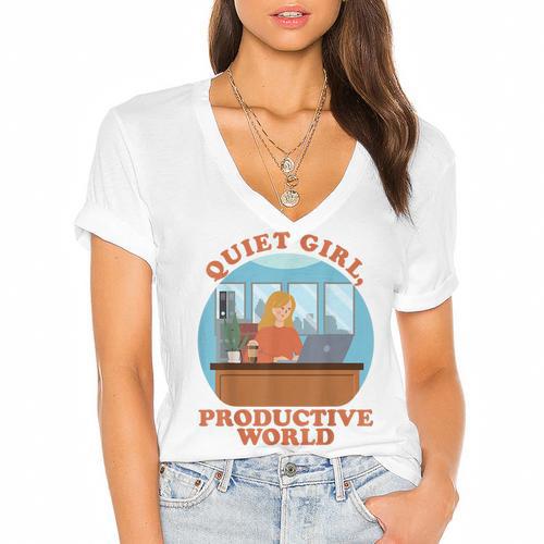 Quiet Girl Productive World Introvert Office Staff Secretary Women's Jersey Short Sleeve Deep V-Neck Tshirt - Raresse