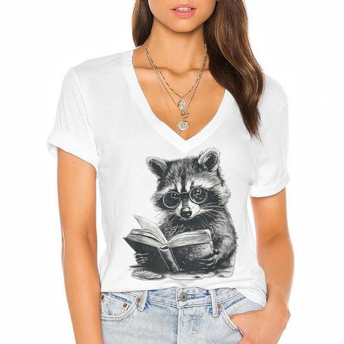 Raccoon With Book Cute Raccoons Reading Books Women's Jersey Short Sleeve Deep V-Neck Tshirt				 - Bookorys CA